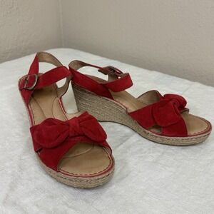 Born Red Suede Monticello Espadrilles Wedge Bow Leather Womens 10 Retro Pinup